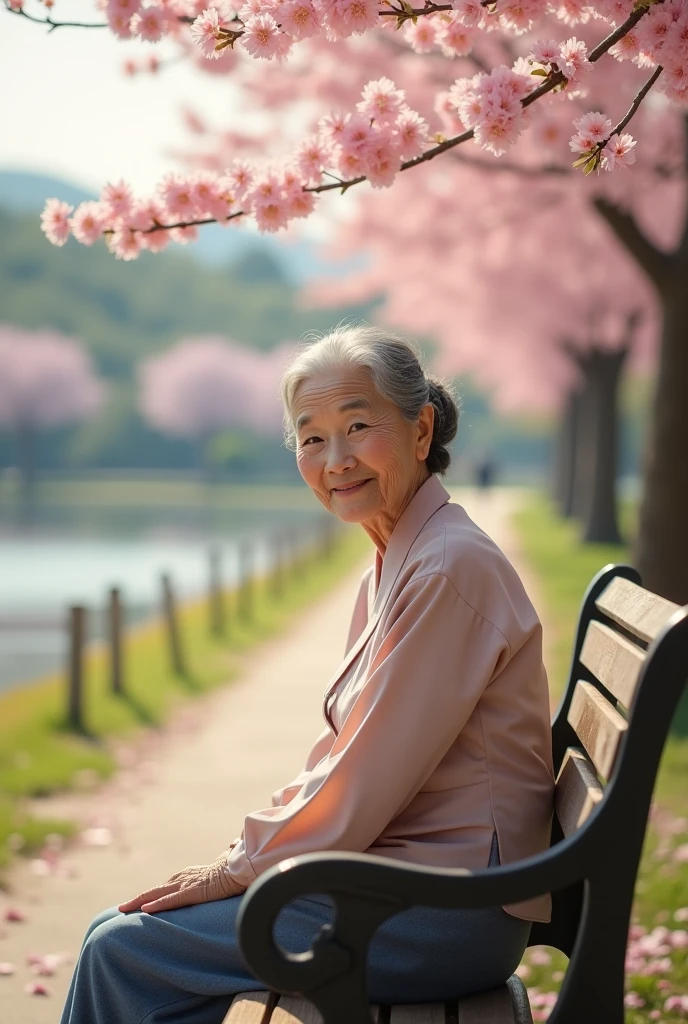 Senior Korean lady turning to camera smiling, sitting on a park bench, The park has cherry trees and a small lake