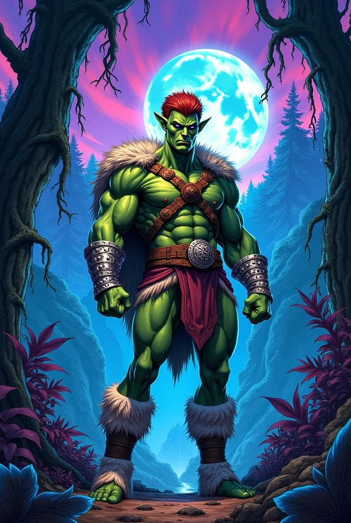 a (green skinned) male warrior, he has shoulder length red hair and wears a (leather harness across his chest), leather shoulder straps, loincloth, thick fur belt, white fur boots, silver bracers, fur cloak. he has narrow eyes, piercing eyes, pointed ears, a (grim expression). The sky is multicolor and alien. Show him standing confidently with his fists clenched on a rise in a thick dark jungle, vines, purple trees with blue leaves. dramatic shadows.