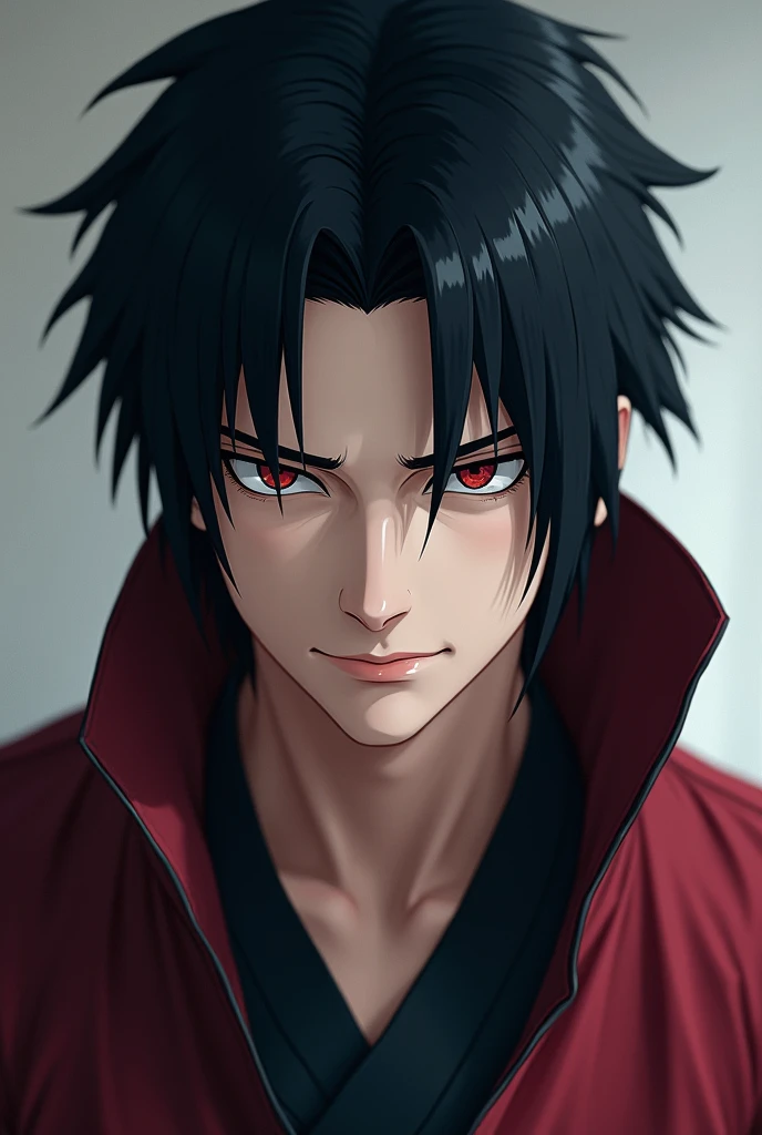 A japanese young hot Man, pale skin, cosplay of sasuke Uchiha, closeup, naughty smile, good looking 