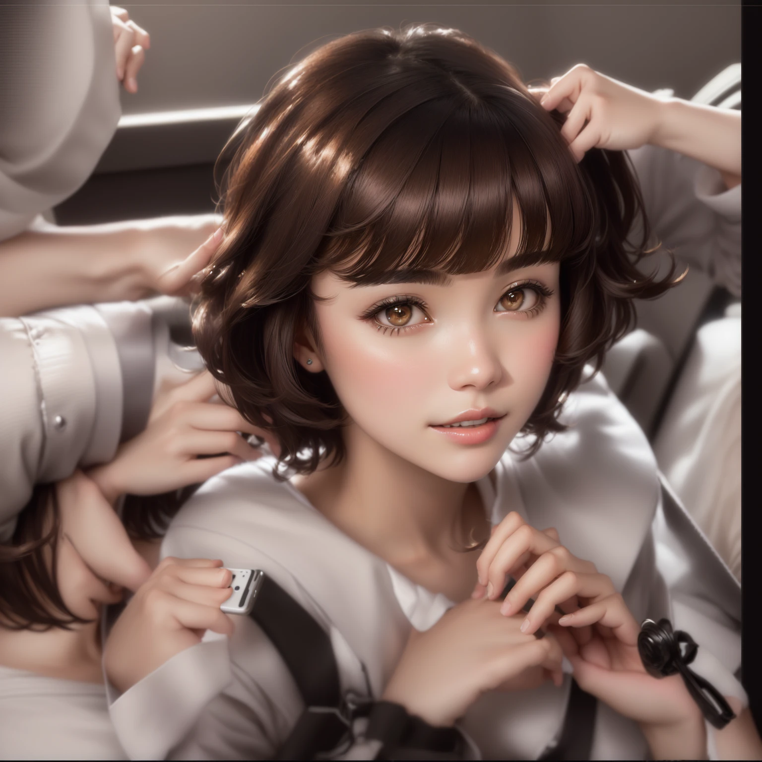 Close-up of a woman sitting on a chair holding a mobile phone, Short Hair, Short Hair With bangs, 白Hime cutヘアスタイル, short brown hair With bangs, neat hair With bangs, Hime cut, 黒Hime cutヘア, Young and cute, Chin-length hair, Short brown hair and big eyes, With bangs