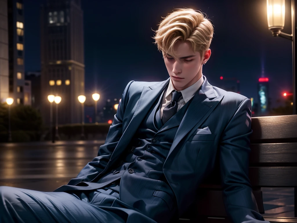 A young man with short blond hair, elegant blue suit, molhado pela chuva, sitting on a bench in a public square alone at night, lateral view, Bottom-up view, cinematic lighting, temperamental atmosphere, realisitic, photorealisitic, 8k, high qualiy, detailded, Dramatic, cinematic