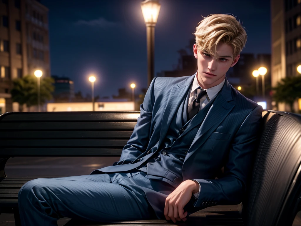 A young man with short blond hair, elegant blue suit, molhado pela chuva, sitting on a bench in a public square alone at night, lateral view, Bottom-up view, cinematic lighting, temperamental atmosphere, realisitic, photorealisitic, 8k, high qualiy, detailded, Dramatic, cinematic