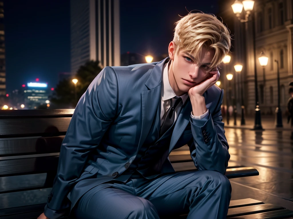A young man with short blond hair, elegant blue suit, molhado pela chuva, sitting on a bench in a public square alone at night, lateral view, Bottom-up view, cinematic lighting, temperamental atmosphere, realisitic, photorealisitic, 8k, high qualiy, detailded, Dramatic, cinematic