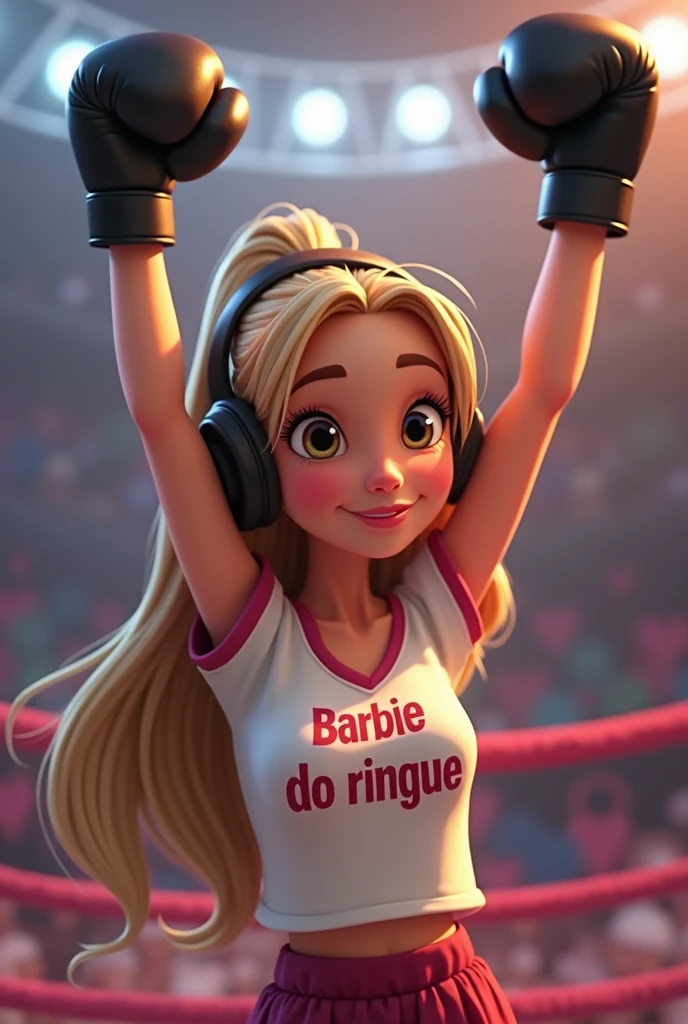 Animated maiden 2D Create a beautiful girl, maiden, long light hair, blonde hair, slightly wavy, small almond-shaped brown eyes, elongated face, slightly full and pink lips, está com luvas de boxe preta, uma camiseta escrito "Barbie do Ringue" está sorridente e brincalhona