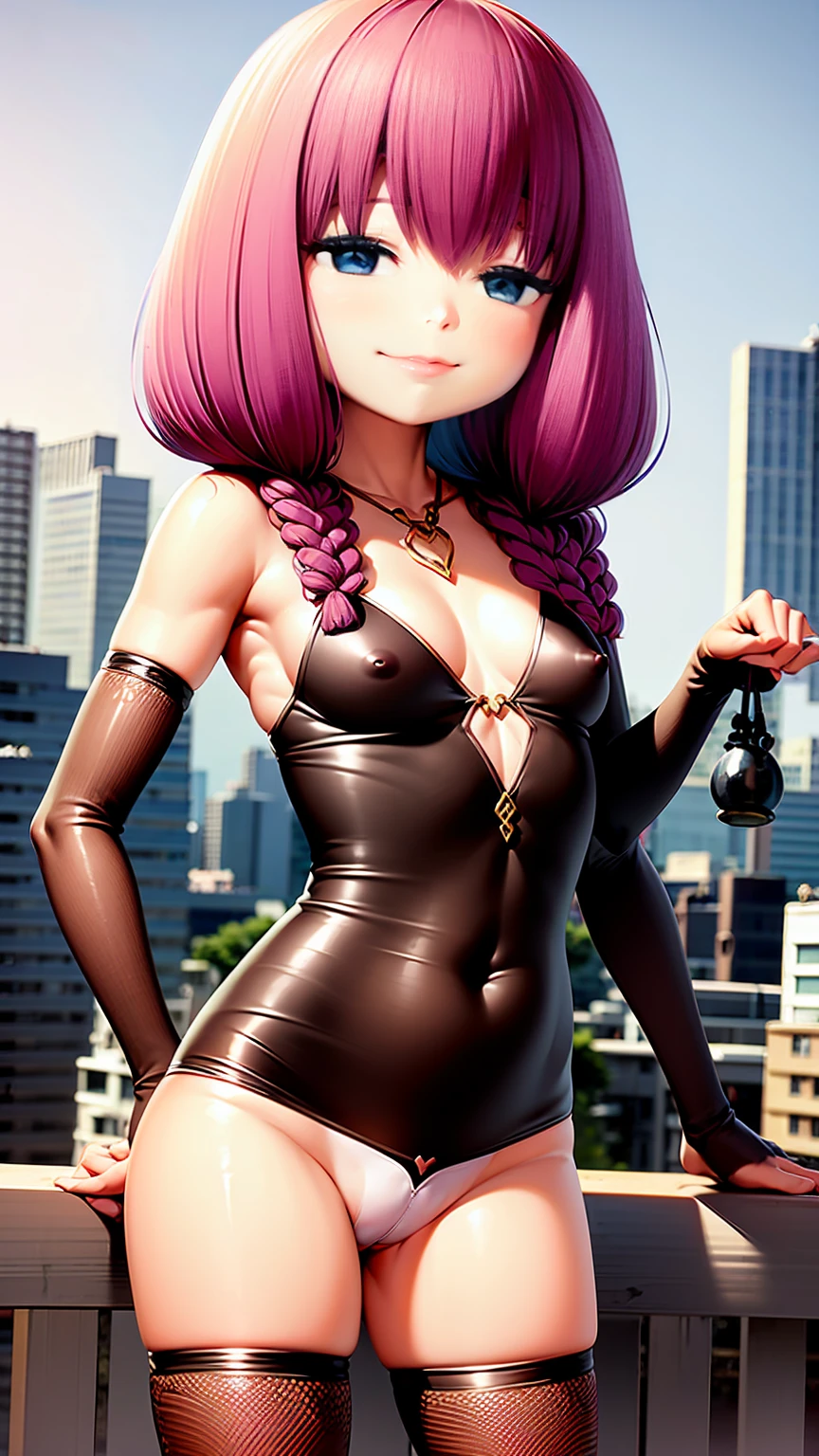 、Long Hair、Small breasts、I have a scale,Small breasts、childpples、Embarrassing、Red face、smile、Sweat on my cheeks、((spy、Bodysuits、Fishnet tights))、City of night、rooftop、Combat pose、 、Realistic body