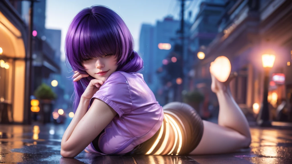 (at night), alone, in a video game scene a background of a beautiful city during the day raining, standing at attention, purple hair, ((purple hair)), 1 girl, alone, 20 years old, young woman, perfect hands , beautiful and perfect symmetrical fingers, beautiful long legs, perfect legs, beautiful body, beautiful nose, beautiful character design, perfect face, look at the viewer (focusing on the entire character), closed mouth, Light_Smile, official art, wallpaper Extremely detailed CG unity 8k, perfect lighting, bright and colorful front lighting, glowing skin (masterpiece: 1.0), (best quality: 1.0), ultra high resolution, 4K, ultra detailed photography, 8K, HDR, high resolution, nonsense: 1.2, Kodak portra 400, film grain, blurred background, bokeh: 1.2, lens flare, (vibrant_color: 1.2), professional photography, (beautiful_face: 1.5), (narrow waist),
