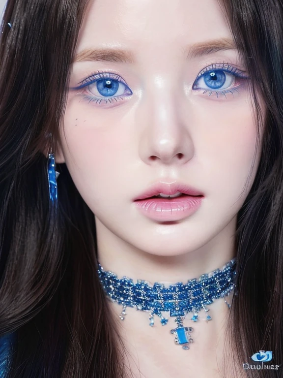 A close-up of a woman wearing a blue choker and necklace, light piercing blue eyes, piercing blue eyes, pale porcelain white skin, pastel blue eyes, South Korean popular makeup, pale milky white porcelain skin, porcelain white skin, pale porcelain skin, pale blue eyes, big two-tone eyes, symmetrical blue eyes 2, popular korean makeup