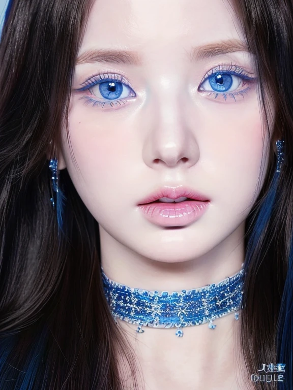 A close-up of a woman wearing a blue choker and necklace, light piercing blue eyes, piercing blue eyes, pale porcelain white skin, pastel blue eyes, South Korean popular makeup, pale milky white porcelain skin, porcelain white skin, pale porcelain skin, pale blue eyes, big two-tone eyes, symmetrical blue eyes 2, popular korean makeup