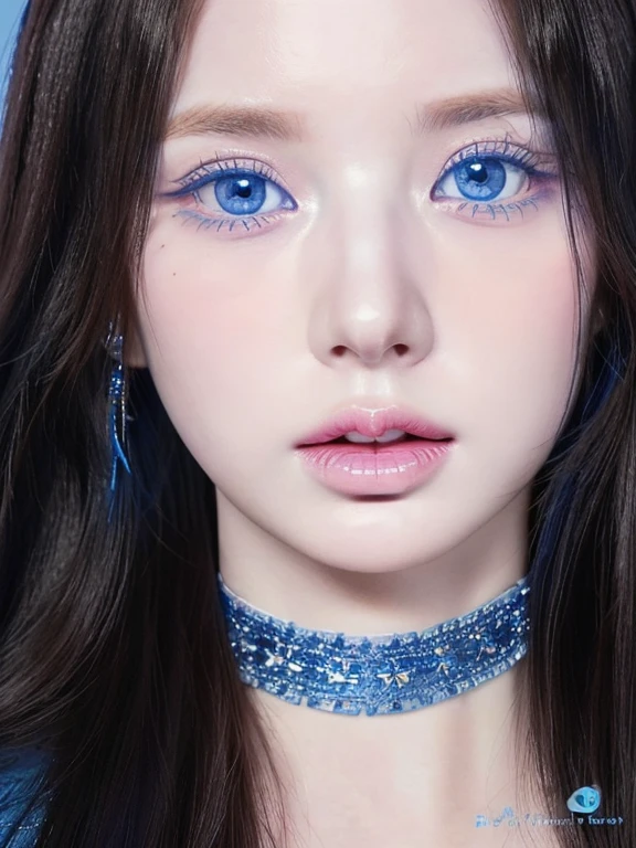 A close-up of a woman wearing a blue choker and necklace, light piercing blue eyes, piercing blue eyes, pale porcelain white skin, pastel blue eyes, South Korean popular makeup, pale milky white porcelain skin, porcelain white skin, pale porcelain skin, pale blue eyes, big two-tone eyes, symmetrical blue eyes 2, popular korean makeup