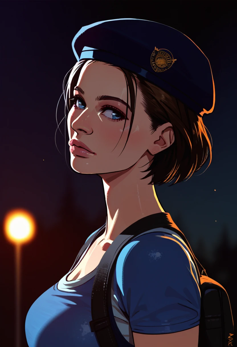 score_9, score_7_up 1girl, solo, (jill valentine):0.5, night, beret, looking to the side, depth of field, portrait, dark background, short sleeves