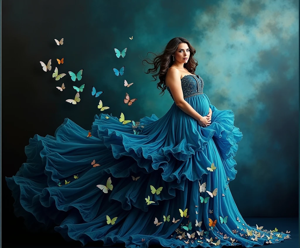 realistic ,araffe woman in a blue dress with butterflies flying around her, maternal photography 4 k, stunning photoshot, flowing gown, colored photography, with beautiful colors, stunning beautiful, belly free teal dress, gown, beautiful gown, blue swirling dress, with beautiful wings, photo taken with nikon d750, photo taken with nikon d 7 5 0
