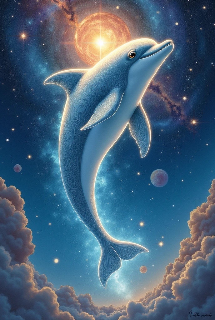 a dolphin as a supreme being flying through space amidst the galaxies in the form of a drawing