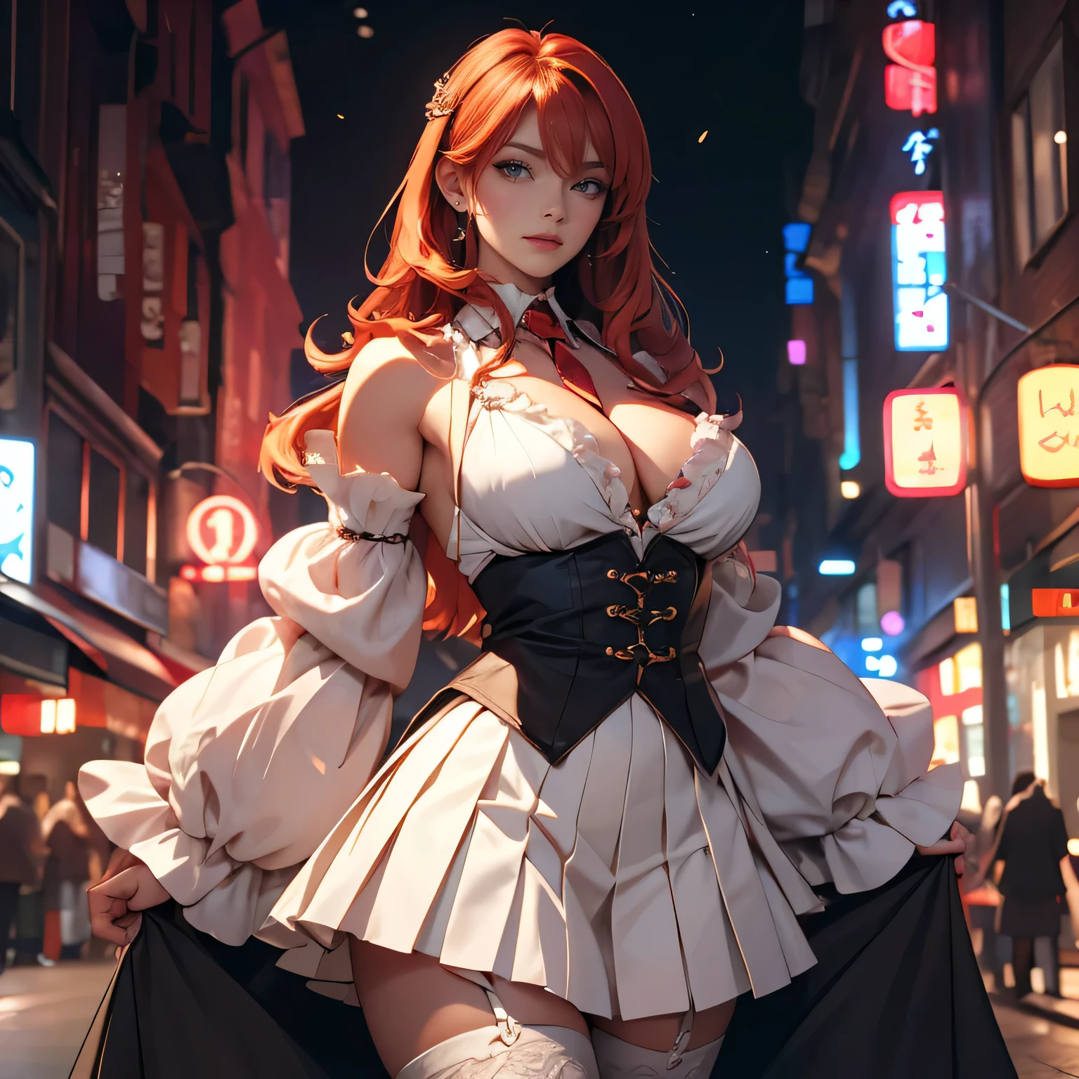 Pretty Caucasian (female), Sarah Shahi, a slim but muscular body, huge breasts, Dressed as DxD_Rias_Gremory_ownwaifu cosplay, 1girl, long hair, red hair, huge detailed breasts, large breasts, rias gremory costume, detailed blue eyes, detailed hair between eyes, very long hair, collarbone, hair intakes, hair over breasts, BREAK detached collar, detached sleeves, frilled sleeves, frills, long sleeves, micro miniskirt, pleated ultra miniskirt, ribbon, thighhighs, white skirt, white sleeves, white thighhighs, wide sleeves, zettai ryouiki, BREAK outdoors, city, BREAK looking at viewer, BREAK (masterpiece:1.2), best quality, high resolution, unity 8k wallpaper, (illustration:0.8), (beautiful detailed eyes:1.6), extremely detailed face and hands, detailed fingers, , perfect lighting, extremely detailed CG, (perfect two hands, perfect anatomy), standing sexy pose,