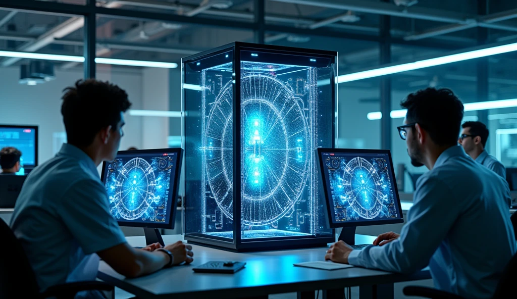 A detailed, futuristic image of a startup utilizing quantum computing. The scene should show a quantum computer with intricate circuits and qubits in a glass enclosure. Researchers and developers are analyzing complex data patterns on advanced monitors. The atmosphere should be cutting-edge, with a focus on the immense computational power and potential breakthroughs in innovation, photorealista, 8K, (melhor qualidade,4K,8K,alta resolução.