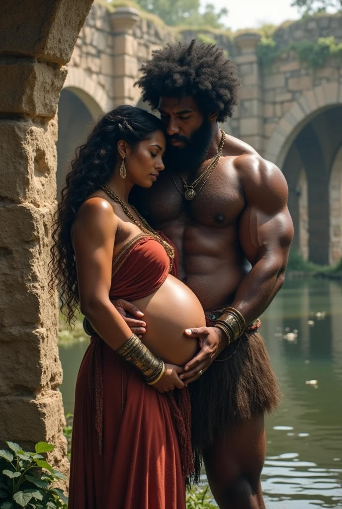 in 405 A.D, 40 years old black tribe big daddy, medium afro hair, fulll grown facial hair, body is very well built muscular with a mucular belly, shirtless, super hairy, has visibly big nipples inside lake seven ruins, hands on his pregnant roman 1 wife belly