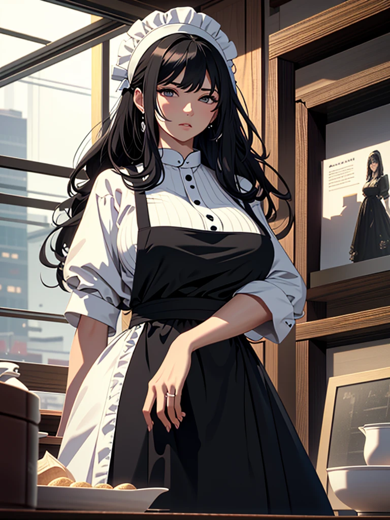 Masterpiece、High resolution、Detailed expression、(Huge beauty:1.3)、Black Hair、18 meters tall、Married Woman、apron、Troubled face