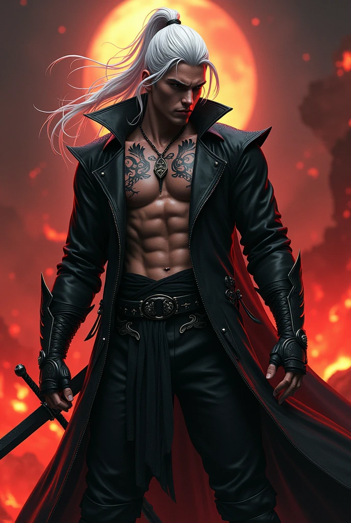 Create a handsome and sexy prince of hell wearing a black body jacket, long white hair tied in a ponytail with some loose strands Having some demonic tattoos and a sword