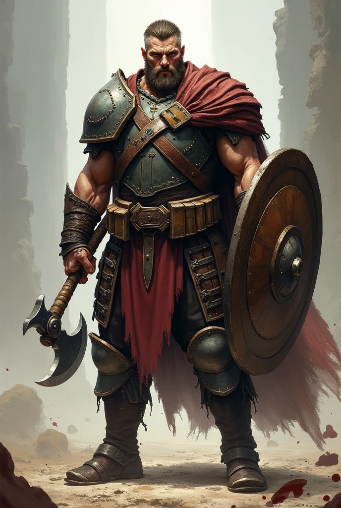The hero stands sideways with a shield and an axe thrown over his shoulder and looks ahead of himself and looks like a man