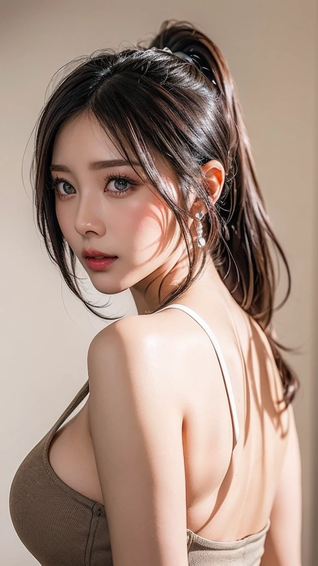 ((Highest quality、8k、masterpiece:1.3))、(Very large breasts:1.3)、((Realistic、Perfect Style:1.3))、(Beautiful 20 year old woman:1.3)、((She has a small waist and large breasts, Like a gravure idol.:1.4))、((Highly detailed face and skin texture、And beautiful eyes、Eye highlights:1.4))、((Super long ponytail:1.4))、((A quiet and pure Japanese woman、Cute droopy eyes:1.5))、((very tanned brown skin:1.6))、((Clean makeup like a model、Apply dark red eyeshadow to the outer corners of your eyes、 butt crack, from behind,