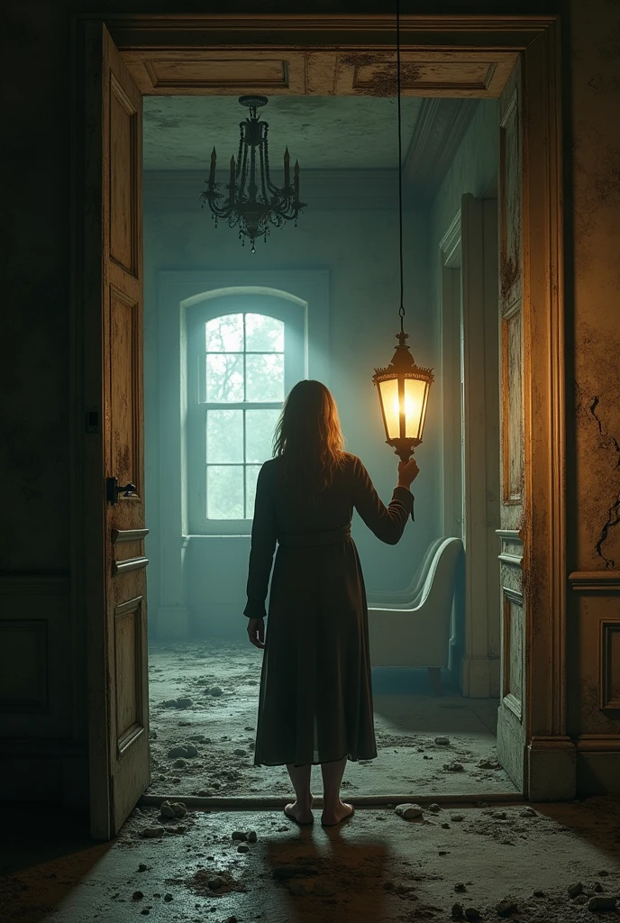 abandoned mansion, FIRST PERSON PERSPECTIVE with a lamp in hand 
