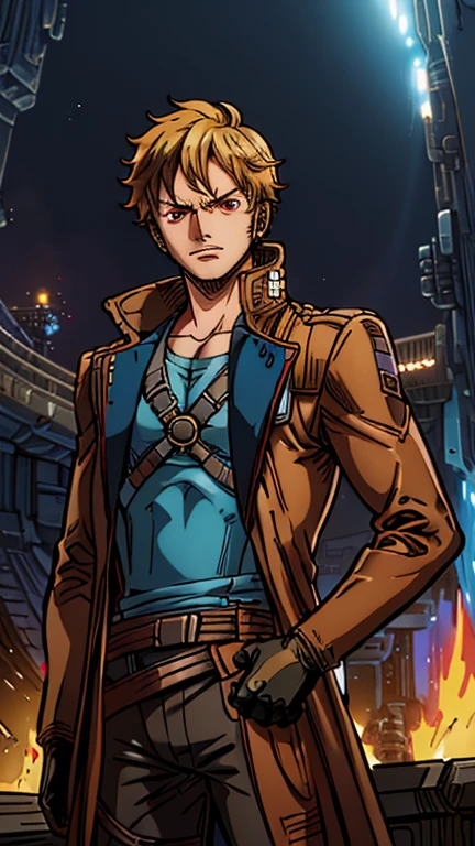 (1boy, Star Lord), (extremely detailed CG unit 8k wallpaper),(master part), (best quality), (ultra detail), (best illustration),(melhor ombre), cowboy shot, (Sharp eyeliner, ombre, detailed eyes:1), Spaceship bridge, break , (one piece style), upper body, solo, red eyes, gloves, 1boy, male focus, coat, trench coat,