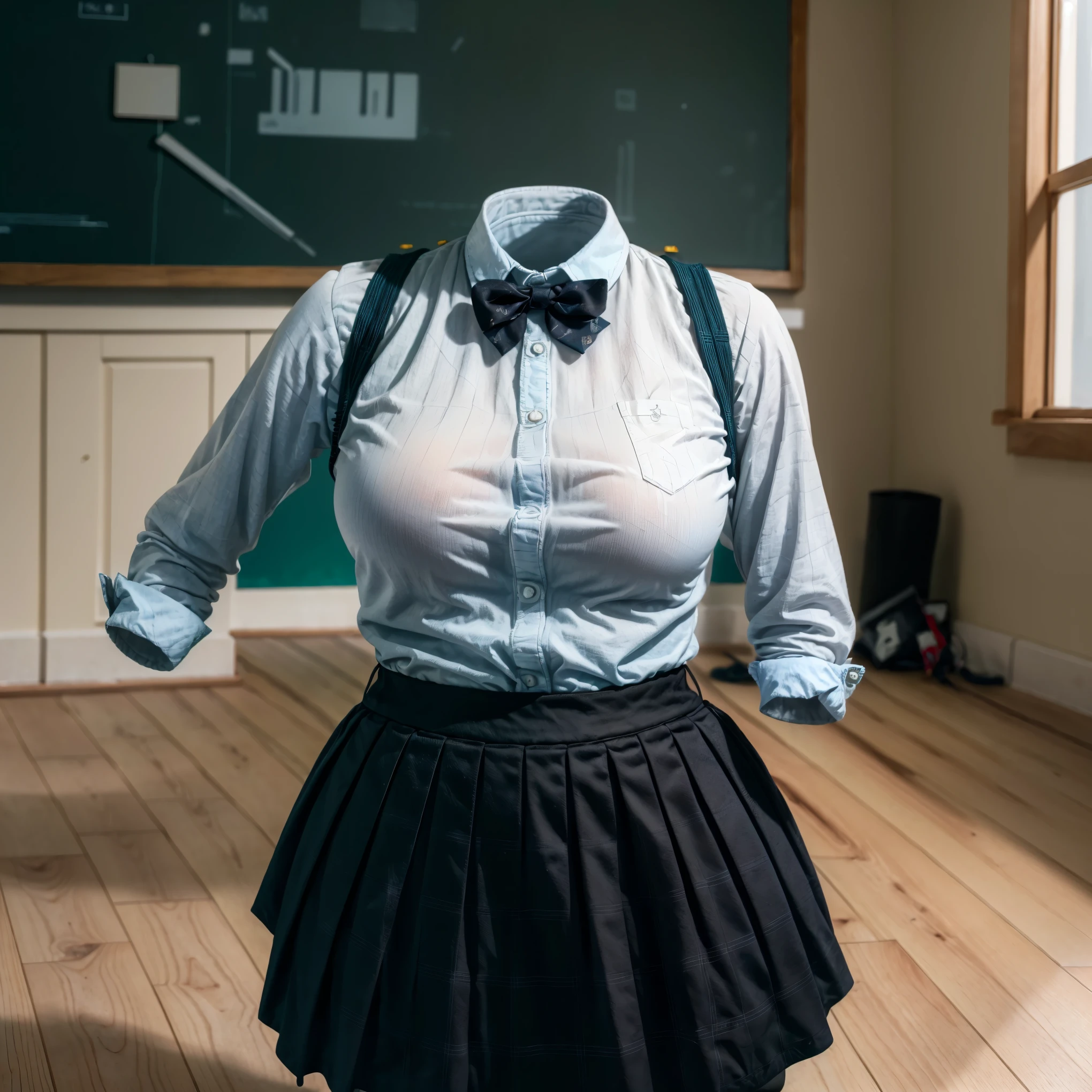 (invisible, no humans, headless, handless, legless:1.5), (cute big breast, fat), upper body,school_uniform,bowtie,green_bow,green_bowtie,skirt,pleated_skirt,kneehighs,plaid_skirt,green_skirt, sweater vest,
(8k, RAW photo, best quality, masterpiece:1.2), (realistic, photo-realistic:1.37),photon mapping, radiosity, ((Hasselblad photography)),physically-based rendering