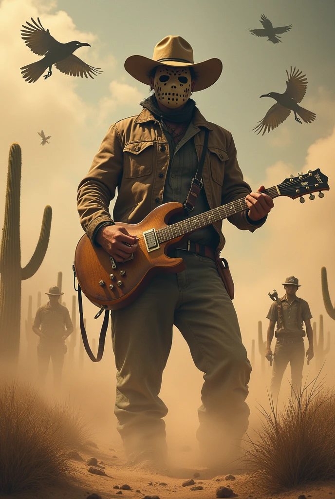 GAME cover wide photo, man with hockey mask with coboy hat  standing with the electric guitar they are escaped from sandstrom. They have a enemies: crow cactus and robot waiter