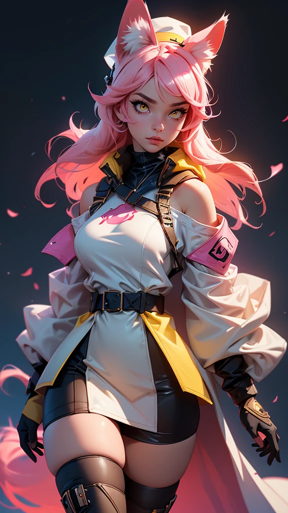 envision a 8k, highres, cinematic, beautiful close up portrait of a curvy woman named Raora Panthera with white animal ears, tail, yellow eyes, pink hair, goggles, hat, open jacket, off shoulder, thigh straps, thighhighs, against a dark background