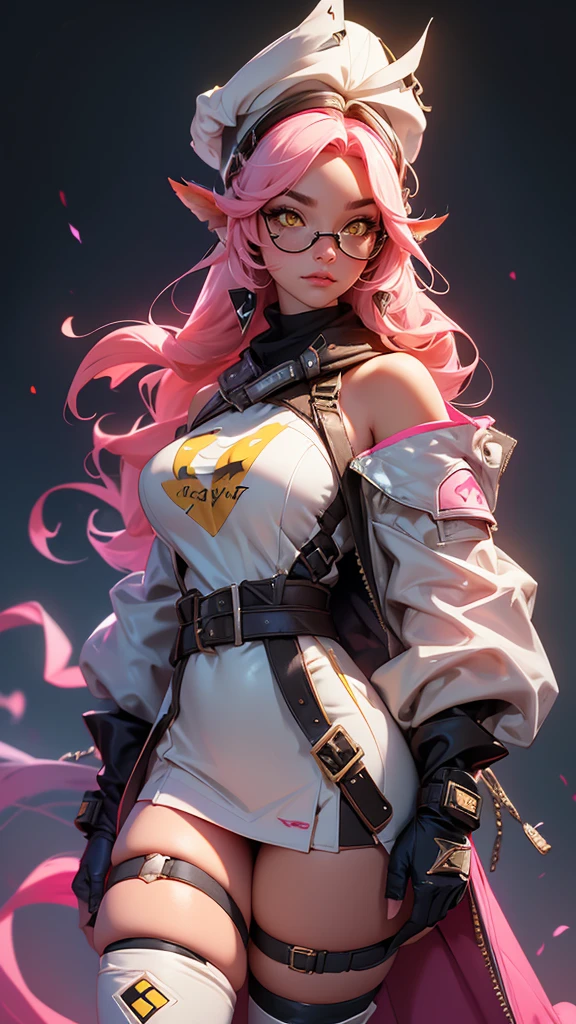 envision a 8k, highres, cinematic, beautiful close up portrait of a curvy woman named Raora Panthera with white animal ears, tail, yellow eyes, pink hair, goggles, hat, open jacket, off shoulder, thigh straps, thighhighs, against a dark background