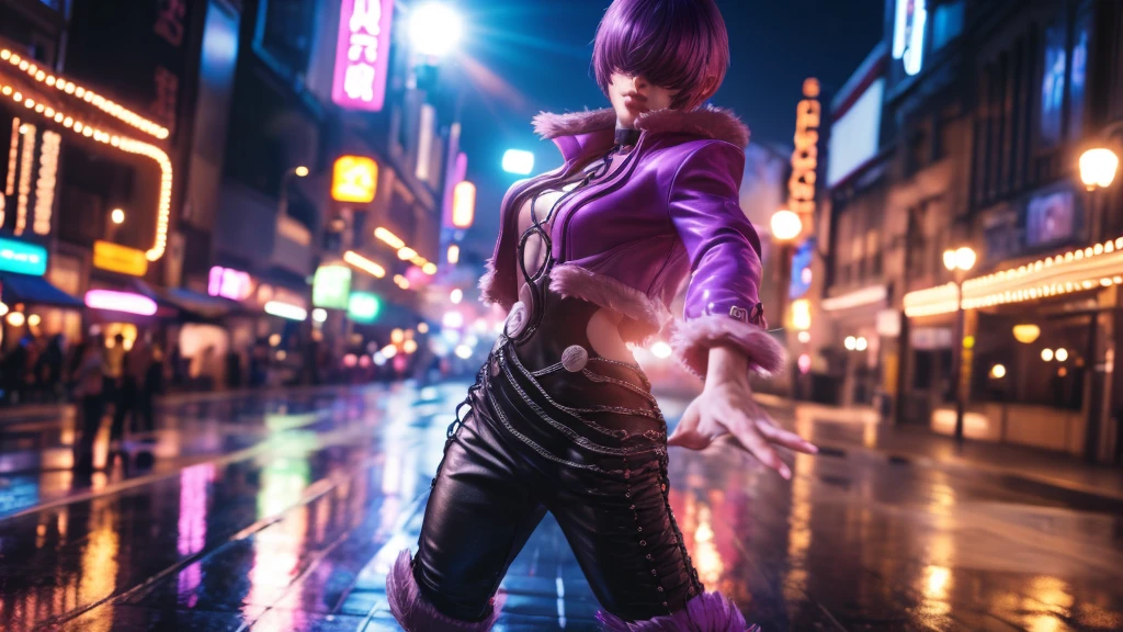 (at night), alone, in a video game scene a background of a beautiful city during the day raining, standing at attention, purple hair, ((purple hair)), 1 girl, alone, 20 years old, young woman, perfect hands , beautiful and perfect symmetrical fingers, beautiful long legs, perfect legs, beautiful body, beautiful nose, beautiful character design, perfect face, look at the viewer (focusing on the entire character), closed mouth, Light_Smile, official art, wallpaper Extremely detailed CG unity 8k, perfect lighting, bright and colorful front lighting, glowing skin (masterpiece: 1.0), (best quality: 1.0), ultra high resolution, 4K, ultra detailed photography, 8K, HDR, high resolution, nonsense: 1.2, Kodak portra 400, film grain, blurred background, bokeh: 1.2, lens flare, (vibrant_color: 1.2), professional photography, (beautiful_face: 1.5), (narrow waist),
