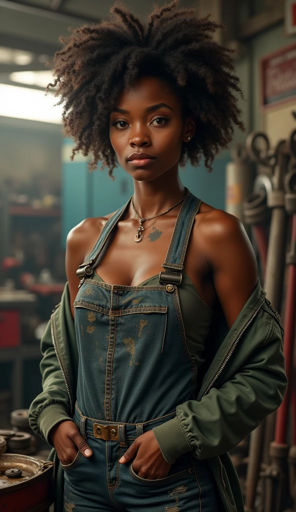 AFRO EBONY NEGROES 14 YO((best quality)), ((masterpiece)), (detailed), mesmerizing and alluring female mechanic covered in grease,Confident smile,Look into the camera,(Dirty and rugged charm:1.2), (tough and confident demeanor:1.1), (mechanical expertise:1.3), disheveled hair, smudged face with a playful smirk, stained overalls clinging to her curves, (gritty tools of the trade:1.2), cluttered repair shop, scattered car parts, (authentic automotive ambiance:1.2), (intense gaze:1.1), gripping a wrench in her dirty hands, 8k resolution,looking at another, looking away,( tattoo:1.2), masterpiece, best quality,Photorealistic, ultra-high resolution, photographic light, LARGE BREASTS,NO SHIRT BUT BREASTS ARE COVERED BY OVERALLS OR OPEN JACKET