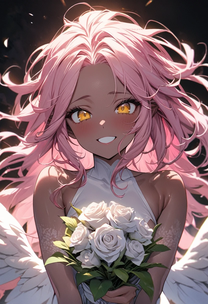 (perfect natural beauty style) (double exposure all season beauty), (pov, focus face, close up face, solo:2, 1000yo elf) (dark Sunburned skin:1.4), (detailed Dreadlocks:1.4) (immensely beautiful pink hair long hair), (best sexy elf woman) (immensely sexy yellow eyes) (ecstasy smile) (glossy lip) (small tits), in a best cute white angel leotard with double exposure:1.2 love hearts, break, hand holding a beautiful detailed big bouquet of white rose, break, ((background font is "Thanks")), BREAK, perfect anatomy, masterpiece, best quality, 16k, beautiful detailed thanks, daydreaming expression.