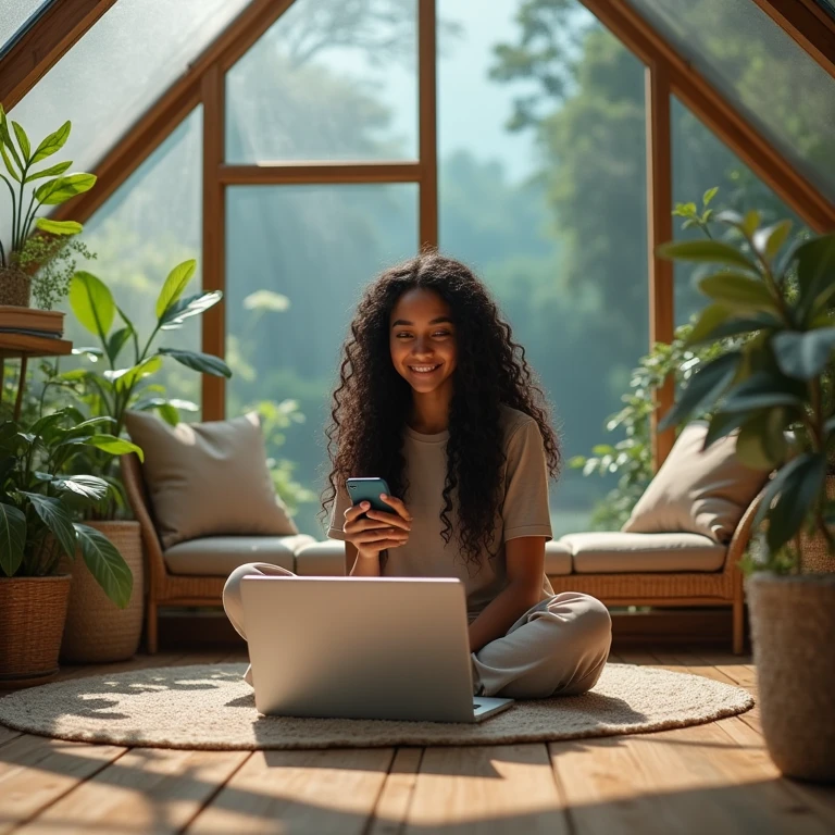 realistic photo of a (pretty girl, 20 years old, brunette, black eyes) into a big room being a glass dome resembling a greenhouse, (full lips) , ((perfect face)), [[mild smile]], proportionate body,mixed herritage, beautyfull, beautyfull face, tanned skin, two arms, two legs, five fingers by hand, full body, (curly black long hair), casual pijama, girl seat at floor at carpet, cosy casual room into the dome, baffle, shelf with books and collectibles, notebook pc at floor, cellphone at hand, sealife outside room but dry into thanks the glasss