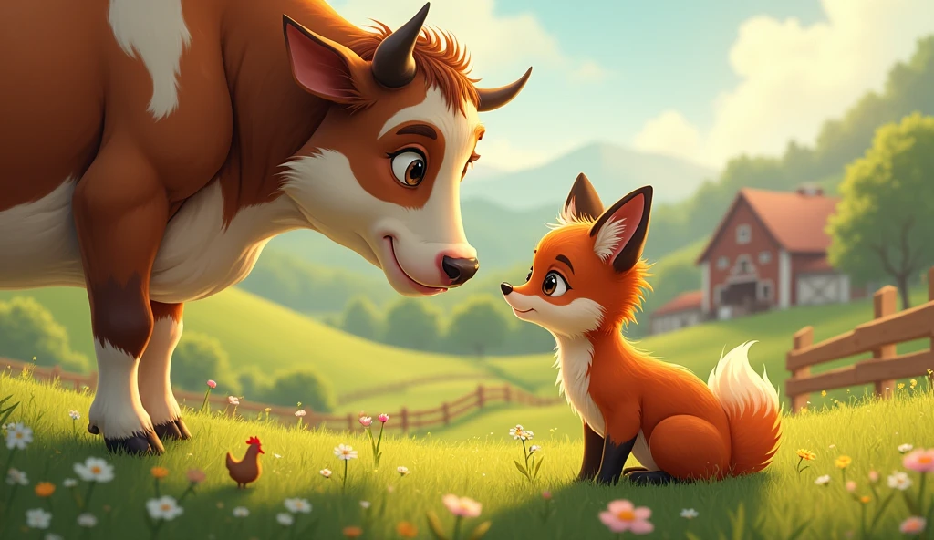 fox listening to the cow on the farm