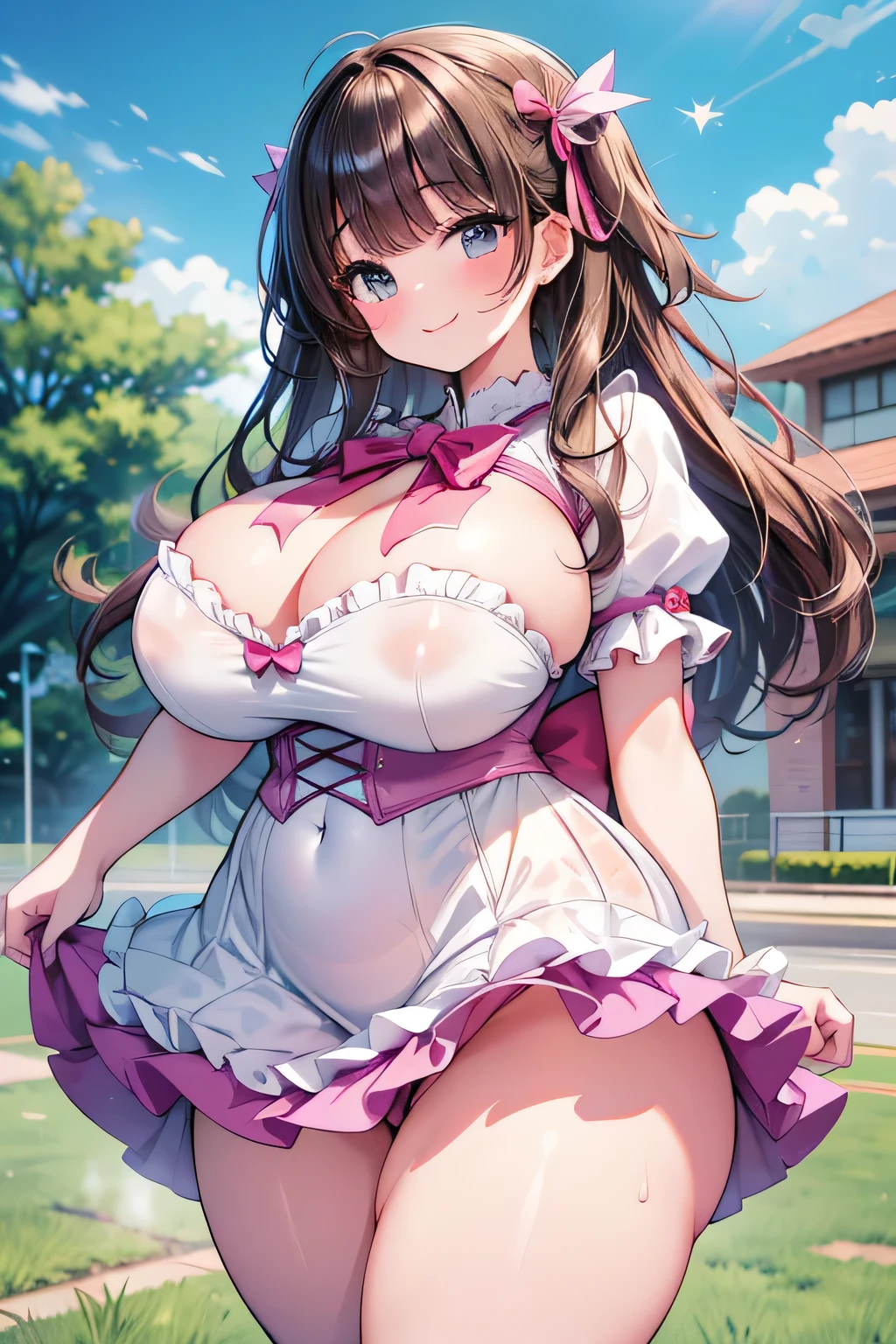 Hentai、High resolution、smile、Her breasts are super big、A chubby gal poses on the school grounds、A frilly magical girl dress、Perfect proportions、Cowboy Shot、Fatty thick legs、Sweaty、Clear eyes