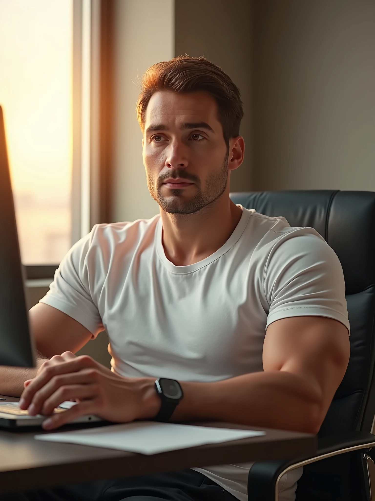 (photorealism:1.2), handsome man, managing stress, facing challenges , strong, indoors, soft lighting, plants in background, window with sunlight, cozy room, relaxed pose, realistic, intricate details, warm colors, by Greg Rutkowski, by Alphonse Mucha