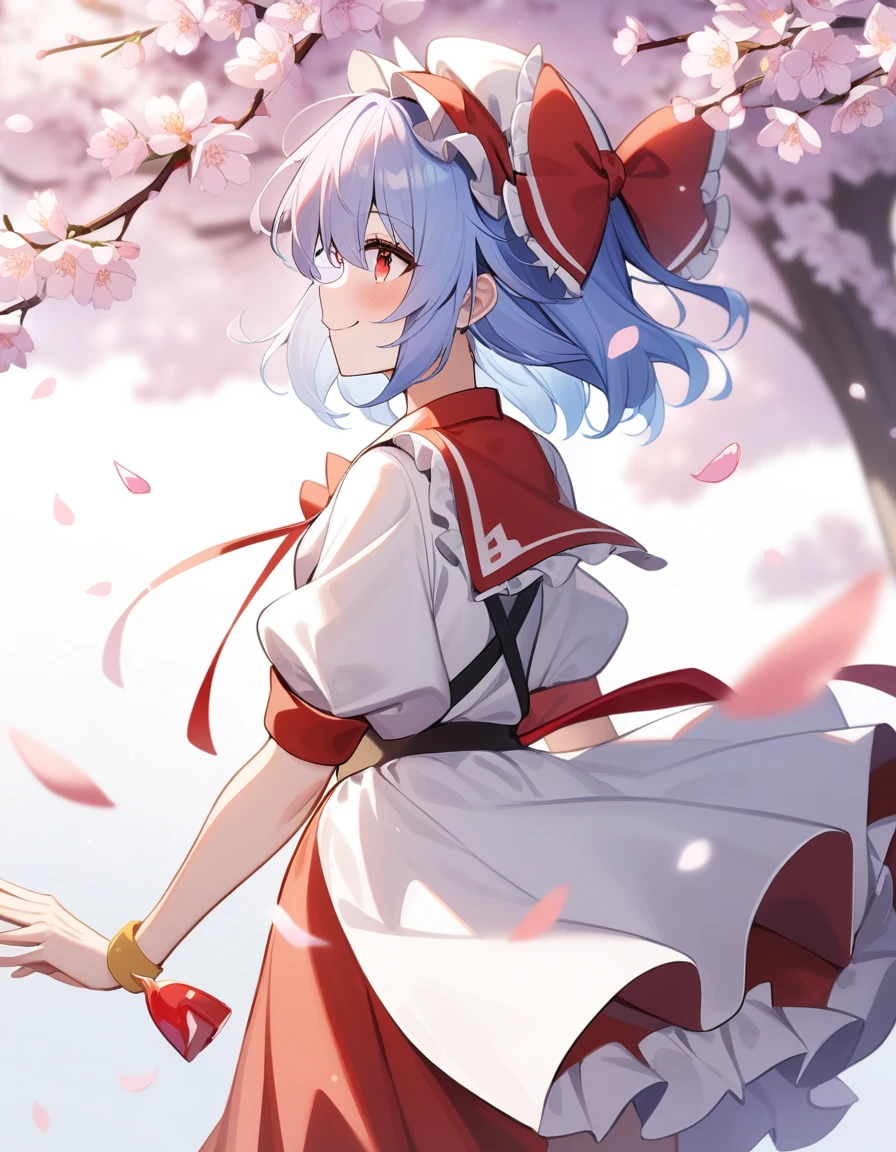 1girl, touhou, flandre scarlet, smile, from side, from behind, falling petal, cherry blossoms, masterpiece