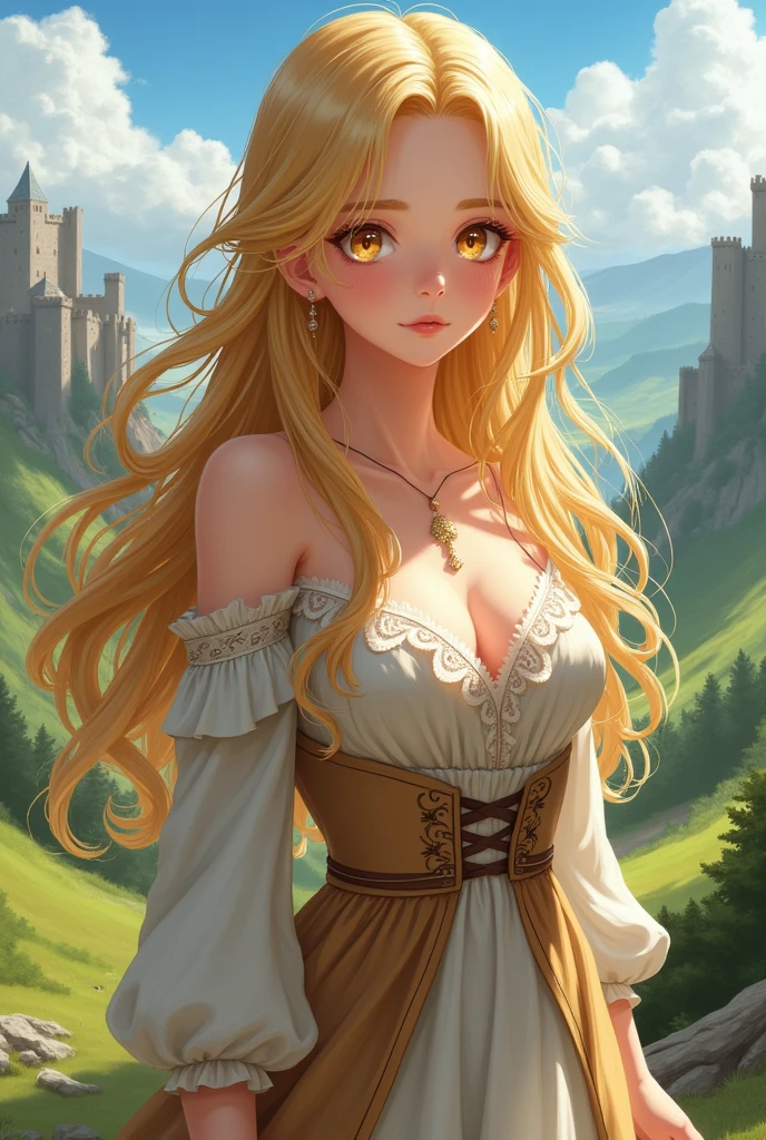 anime oc, woman with long, loose golden hair, honey-colored eyes, medieval clothes