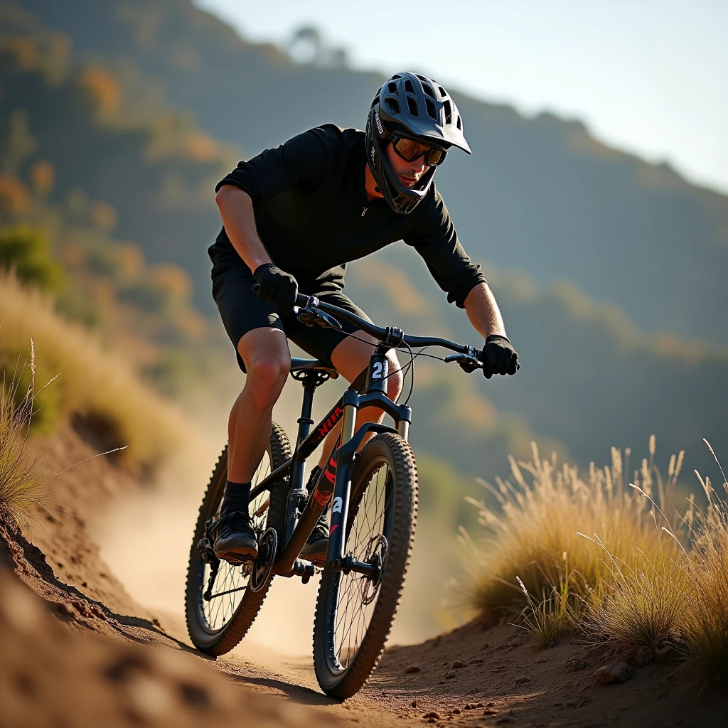 a realistic photo of a 2 man on his downhill mountain bike, he goes down a dirt track on Hollywood Hill, he is wearing shorts with vans, a photo in 4K