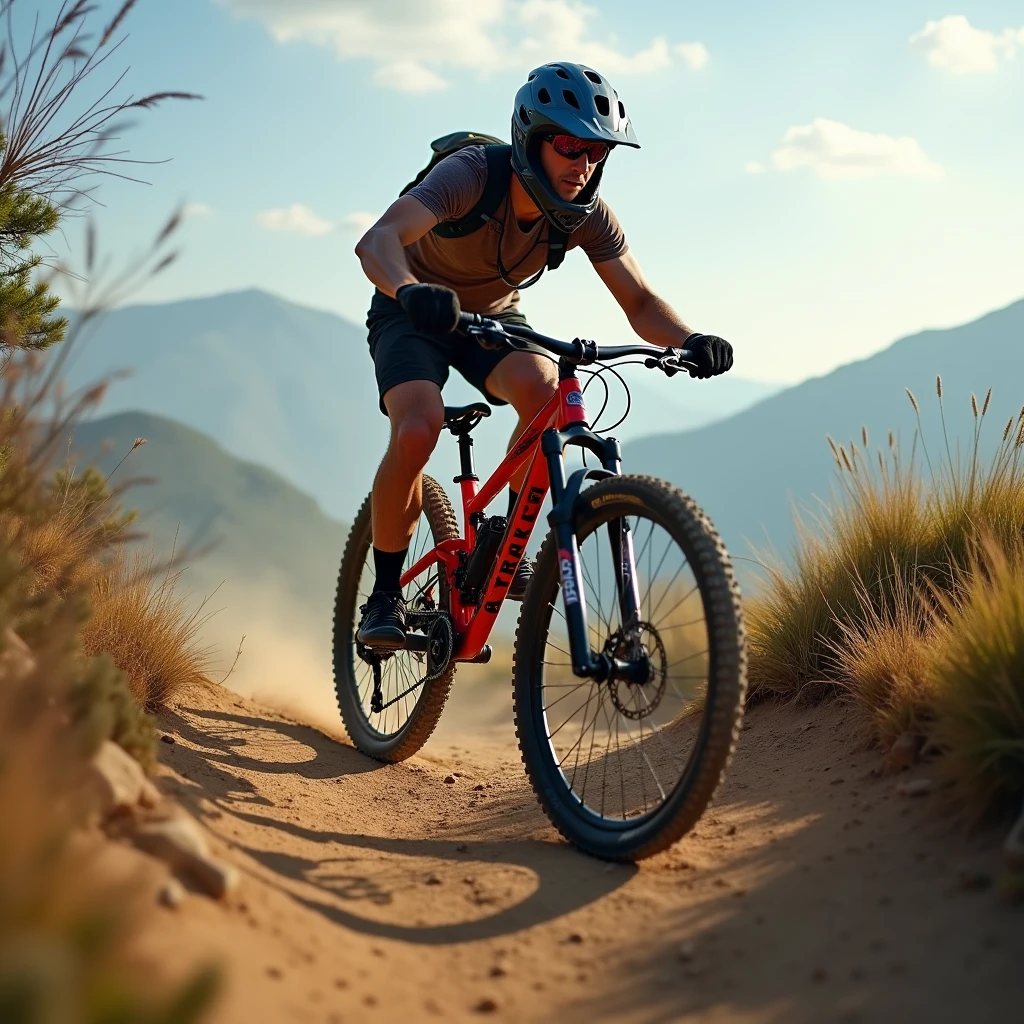a realistic photo of a 2 man on his downhill mountain bike, he goes down a dirt track on Hollywood Hill, he is wearing shorts with vans, a photo in 4K