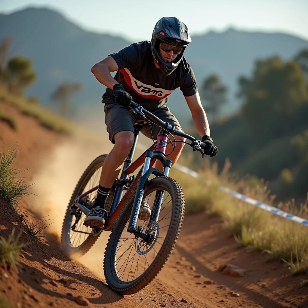 a realistic photo of a 2 man on his downhill mountain bike, he goes down a dirt track on Hollywood Hill, he is wearing shorts with vans, a photo in 4K