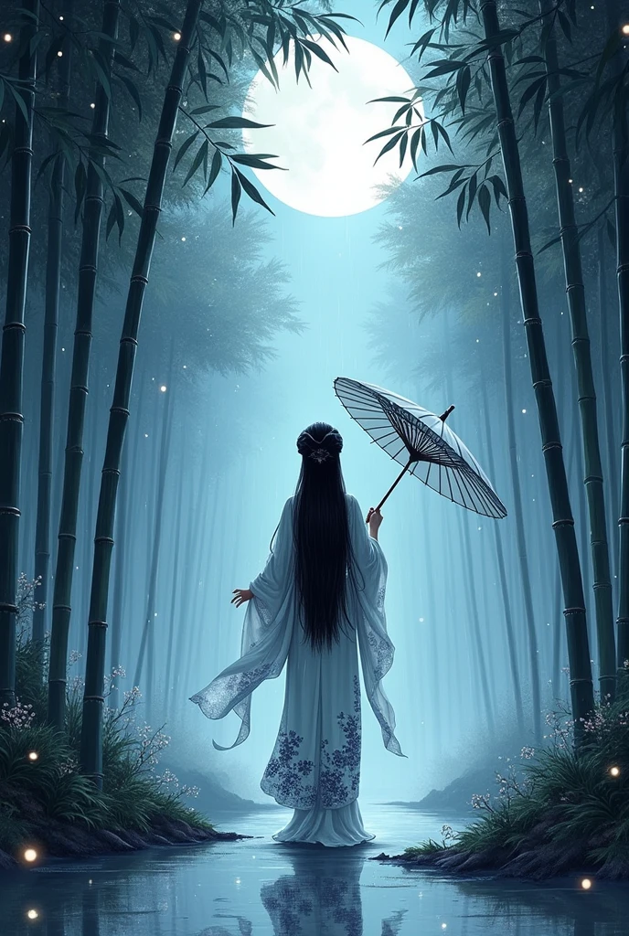 dynamic ink painting of a bamboo grove of japan, black and white,monochrome, great art, great sense of depth, ground level shot, the most beautiful bamboo grove in the world, bamboo leaves shining through rainwater, moon\(pale blue\) with a light overcast, beautiful woman\(ancient Japanese noble, beautiful kimono, beautiful long black hair\) looking up at the moon holding an umbrella,raining softly, fireflies flying around, bamboo leaves are placed three-dimensionally in the foreground, long distance shot, realistc, ultra realistc detals