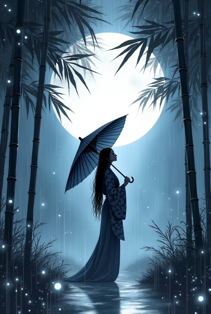 dynamic ink painting of a bamboo grove of japan, black and white,monochrome, great art, great sense of depth, ground level shot, the most beautiful bamboo grove in the world, bamboo leaves shining through rainwater, moon\(pale blue\) with a light overcast, beautiful woman\(ancient Japanese noble, beautiful kimono, beautiful long black hair\) looking up at the moon holding an umbrella,raining softly, fireflies flying around, bamboo leaves are placed three-dimensionally in the foreground, long distance shot, realistc, ultra realistc detals