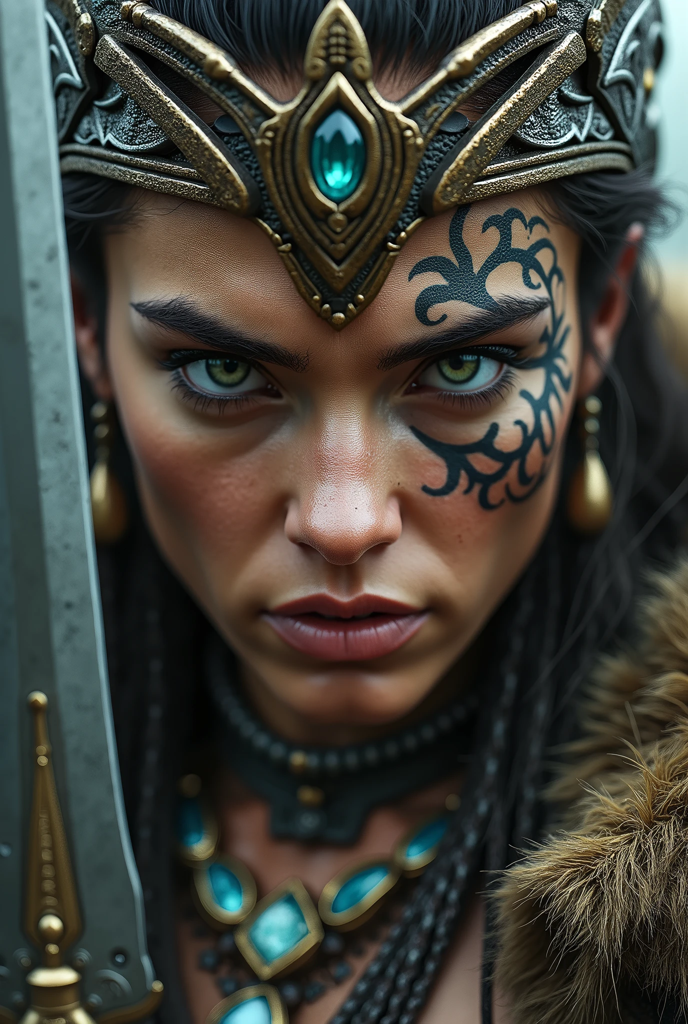 Close up of nordic warrior with sharp dagger in hand, Woman, green eyes,  large crown on head , necklace beautiful stones on the neck,  tattooed face, with hate
