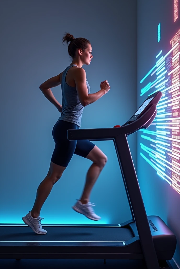 person running on a treadmill turning off LED lights that appear in front of them on a device