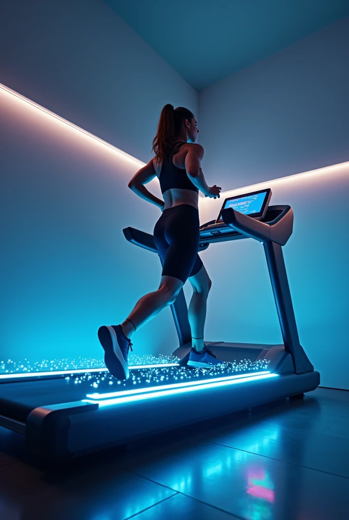 person running on a treadmill turning off LED lights that appear in front of them on a device