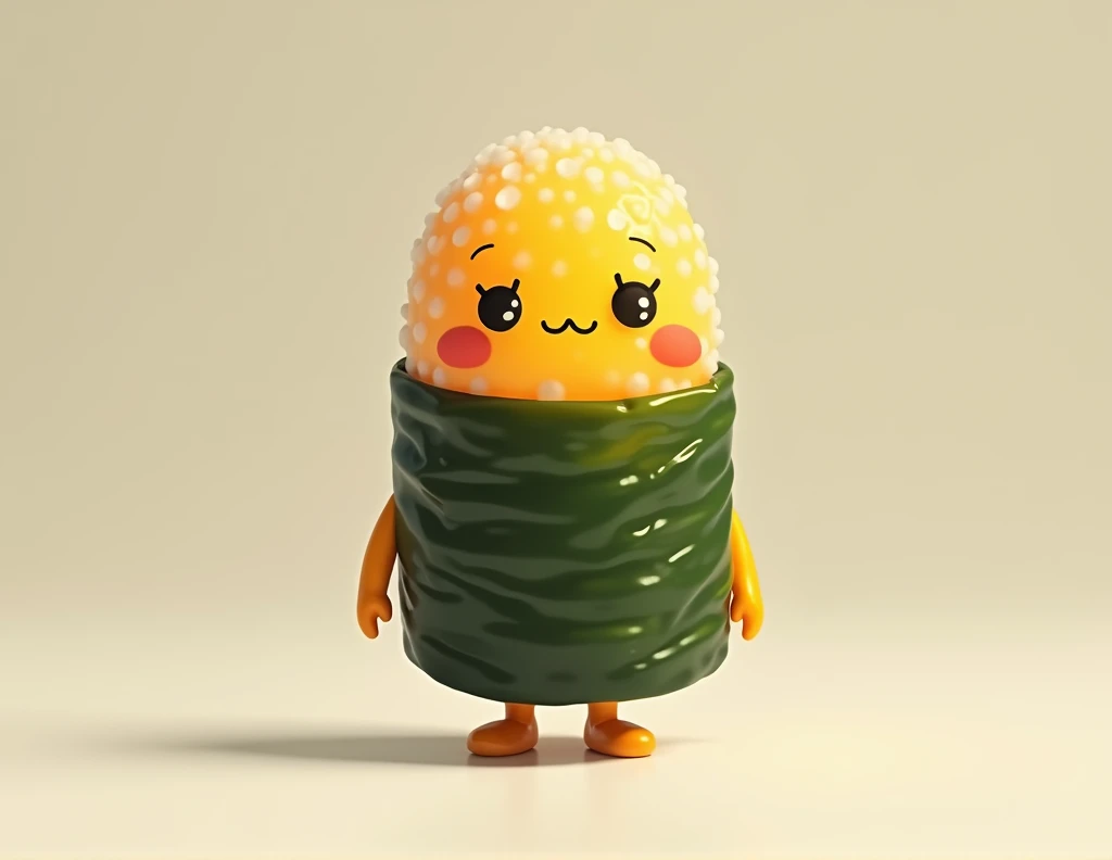 Create a sushi that has feet, standing with the seaweed leaf at his waist, happy and have yellow tones, black and white
