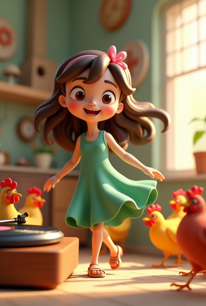 a girl in a green dress and a pink ribbon in her hair, eyes browns, dancing next to a record player and several colorful chickens, 3D cartoon style, cinematic