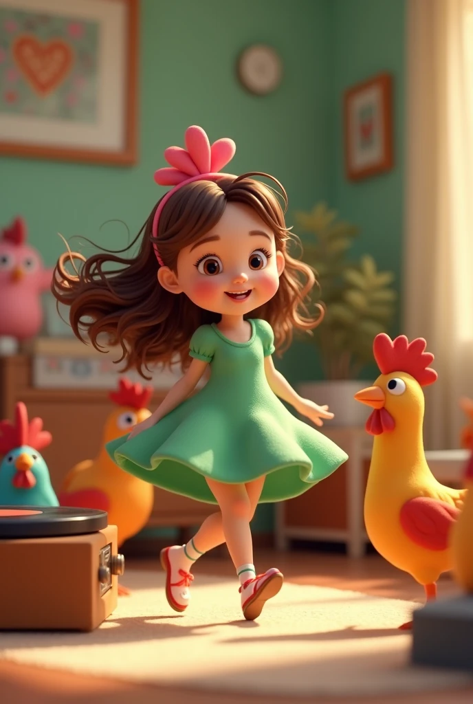a  girl in a green dress and a pink ribbon in her hair, eyes browns, dancing next to a record player and several colorful chickens, 3D cartoon style, cinematic