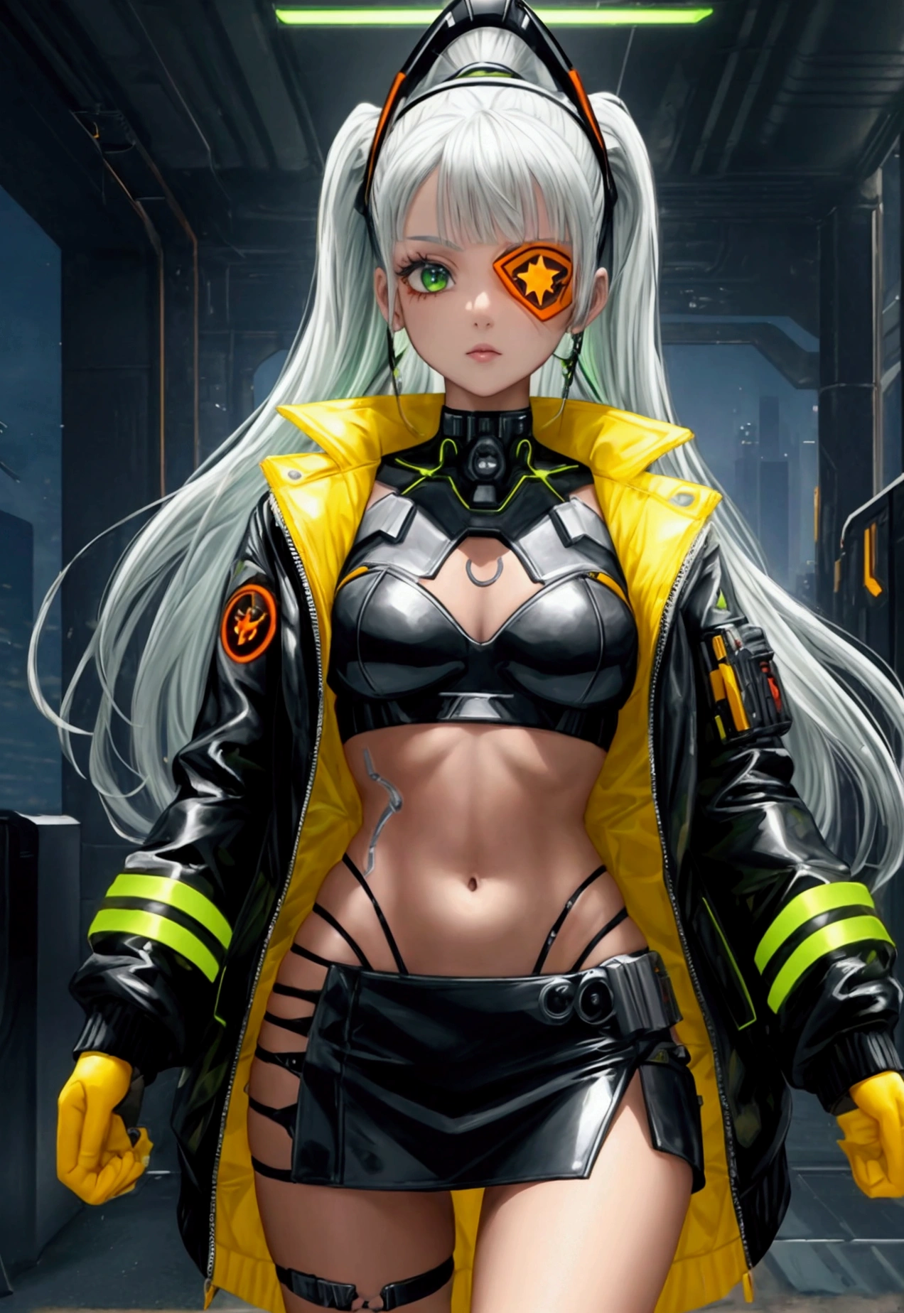 (quality)), ((masterpiece)),Ariana Grande dressed in a black cyborg jacket,ballet dance ,(neon green student jacket:1.4), (yellow transparent miniskirt cyborg schoolgirl:1.4),(background ice wall frozen cavern:1.4), long white gray hair, the best, masterpiece, High resolution, the best Quality, ultra high definition, super details, Award-winning works, 16k,,(beautiful green eyes), (cowboy pose) ,(cyberpunk green transparent jacket:1.4), (Jupiter star wars city background:1.4), (orange jacket+cyborg red:1.4), Long Green Hair, (perfect anatomy ), (He has a pirate eye patch:1.4) ,(cyber cyborg orange red chaqueta) , (showing flat stomach), (has transparent plastic clothing:1.4) ,(showing lace panties) ,(African black skin:1.4) ,( cyberpunk 2.1), (neon yellow long hair:1.4), (yellow cyberpunk Bluetooth headphones on the head:1.4),